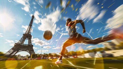 paris 2024: Dynamic Athlete Running with Eiffel Tower Background and Motion Blur Effect