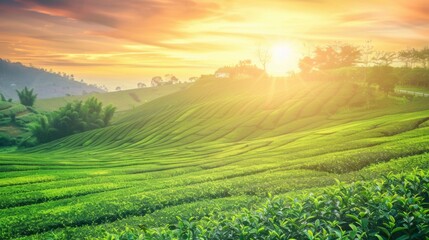 Obraz premium Green Tea Leaves and Loose Leaf Tea at Sunrise