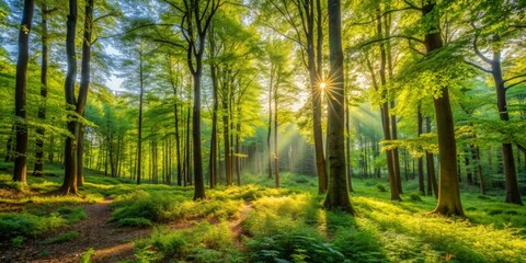 Sunlight streaming through trees in green forest