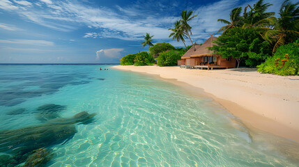 Fototapeta premium A picturesque beach scene on the Maldives with pristine white sands, turquoise waters, and luxurious overwater bungalows. Include vibrant marine life for snorkeling and diving.