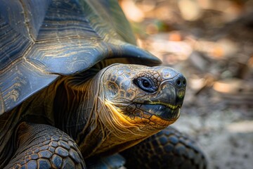 A large Galapagos tortoise with its head raised, looking directly at the viewer