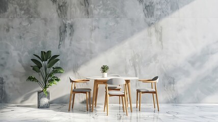 Natural wood dining table and chairs, marble texture floor, decoration plant