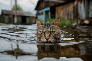 A ginger cat swims through deep flood water against a backdrop of submerged homes. the challenges animals face during natural disasters, perfect for environmental and animal welfare campaigns.