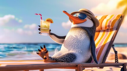 Cute penguins with a tropical cocktail relax on a sun lounger on the beach. The concept of a vacation at sea.