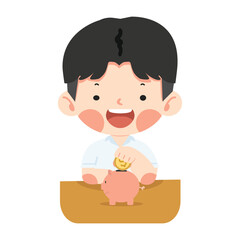 Kid Boy putting coin piggy bank