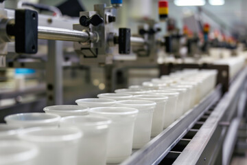 Obraz premium Close-up view of coffee cups on an automated production line in a factory setting, focusing on manufacturing and industrial processes. Shallow depth of field