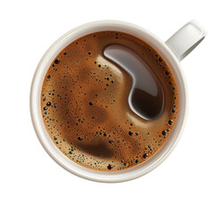 A close-up overhead view of a steaming cup of coffee.  The coffee is dark and rich, with a hint of crema on top.