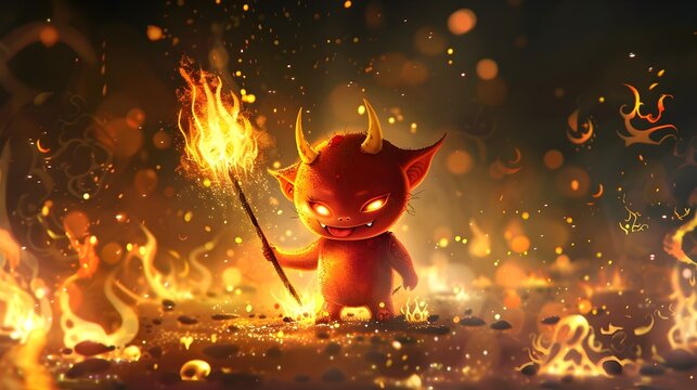 Adorable Baby Devil With Pitchfork Surrounded By Playful Fire Sprites
