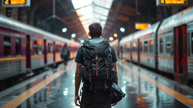 A man with a backpack walks between trains on a train station. travel concept - Powered by Adobe