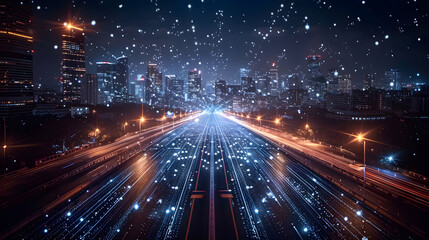 Illustration of a smart cityscape in a speed and efficiency of interconnected transportation systems. Innovation with smart infrastructure, IoT-enabled public services, and tech-driven urban planning.