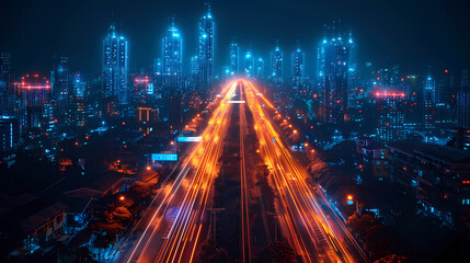 Fototapeta premium Illustration of a smart cityscape in a speed and efficiency of interconnected transportation systems. Innovation with smart infrastructure, IoT-enabled public services, and tech-driven urban planning.