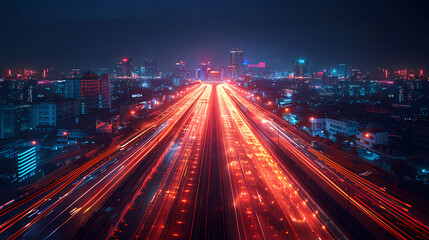 Fototapeta premium Illustration of a smart cityscape in a speed and efficiency of interconnected transportation systems. Innovation with smart infrastructure, IoT-enabled public services, and tech-driven urban planning.