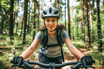 Fototapeta premium Mountain biking in the forest girl biker