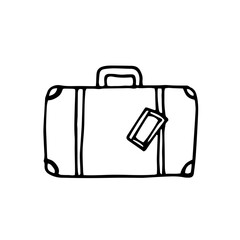 Vector isolated illustration of travel baggage. Drawn suitcase with handle. Black and white doodle illustration of travel item.