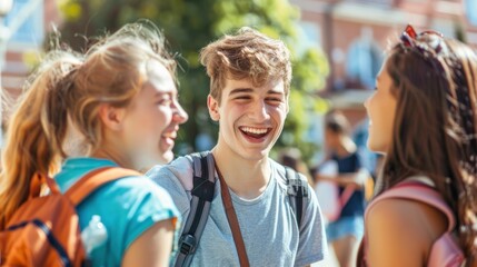 University students talk and laugh together on the college campus.