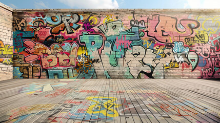 Naklejka premium Graffiti Art on Old Brick Wall with Tiled Floor