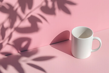 White ceramic mug with shadowy leaf patterns on a pink background, minimalist aesthetic concept