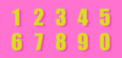 Numbers with blurred edges, fluted glass style. Pixel numbers. Set of bright yellow blurred numbers on pink background. Vector set