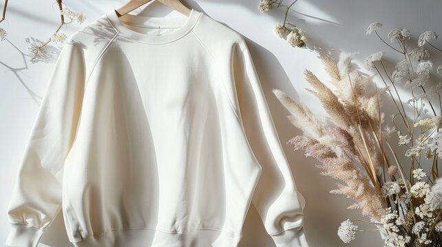 Cozy beige sweatshirt elegantly showcased surrounded by dried plants, highlighting a minimalistic and earthy aesthetic.