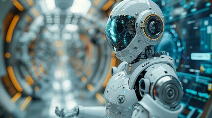 Fototapeta premium During a minimally invasive surgery, a robotic arm supports the surgeon, exemplifying the advanced coordination of human expertise and AI technology.