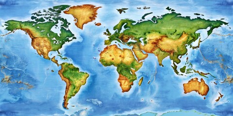 Detailed world map highlighting continents and oceans