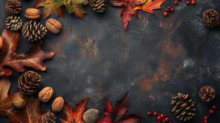 autumn leaves and acorns on wood