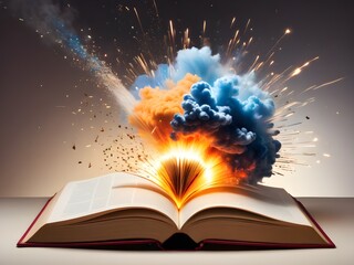 An open book with an explosion of knowledge