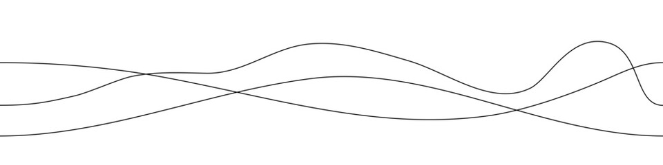 Curve line bg pattern. Thin undulate wave seamless flow. Abstract curvy shape. Elegant linear wiggle element background. Sea water waveform. Doodle dynamic curl divider. Black flat zigzag amplitude © Mariia