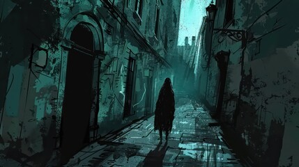 Mystery graphic novel panel unveiling a shadowy figure lurking in the darkness of an abandoned alleyway hinting at a suspenseful tale of intrigue and deception with twists and turns at every corner.