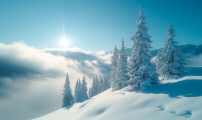 Sunrise Over Snow-Covered Pine Trees on a Winter Hilltop with Frosted Landscape and Clear Blue Sky