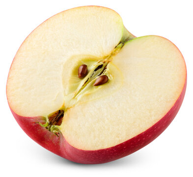Red apple half isolated png. Apple half on transparent background. PNG format. Red apple slice with no background. Full depth of field.
