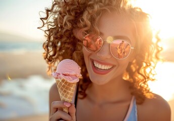 woman eating ice cream on the beach