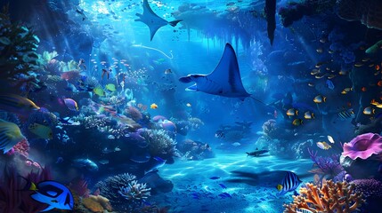 Underwater Landscape with Diverse Fish background, Generative Ai