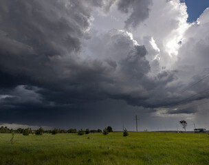 Fototapeta premium A picturesque view of a dramatic spring sky filled with dark, ominous clouds over a grassy field.