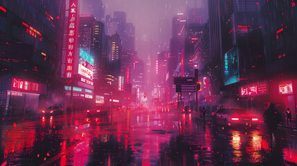 Fototapeta premium Nostalgic Cyberpunk City Poster in 80s Retro Style with Glitchy and Animated Animecore Aesthetic, Inspired by 1988 Retro Animation with VHS Grain Effect