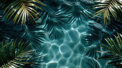 Clean and minimalist composition highlighting the artistic arrangement of palm leaf shadows gently rippling across the surface of a calm, azure-blue ocean.