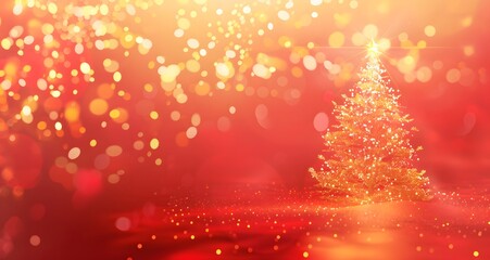 Festive Christmas Tree with Golden Lights on Red Background
