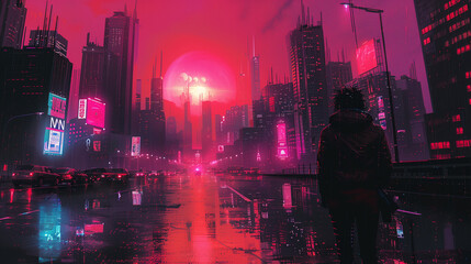 Fototapeta premium Nostalgic Cyberpunk City Poster in 80s Retro Style with Glitchy and Animated Animecore Aesthetic, Inspired by 1988 Retro Animation with VHS Grain Effect