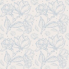 bashful pattern of blue magnolia flowers on light background ideal for fabric printing