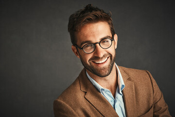 Smile, portrait and man with eyewear in studio for stylish fashion, designer brand and aesthetic...