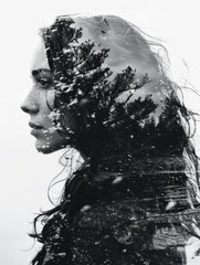 Double Exposure Profile of Young Woman with Forest Imagery
