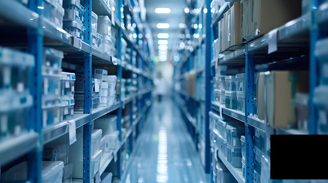Pharmacy, shelf and boxes for product, empty or pharmaceutical stock for wellness, health and interior. Shop, store and retail healthcare with storage, choice or sale for wellness, discounts and drugs