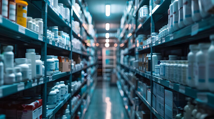 Pharmacy, shelf and boxes for product, empty or pharmaceutical stock for wellness, health and interior. Shop, store and retail healthcare with storage, choice or sale for wellness, discounts and drugs