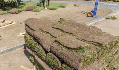 A close-up view of a stack of sod rolls, ready to be laid down for a new lawn installation. The sod...