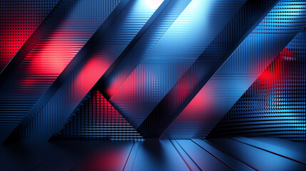 Geometric blue and red illuminated metal textures with dynamic lighting.