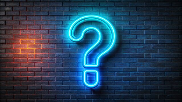 Neon blue question mark on brick wall