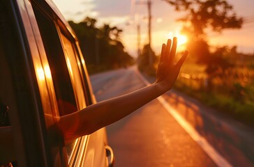 Woman's Hand Waving Out Car Window at Sunset