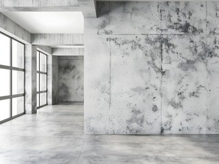 Bright and Minimalist Grey Concrete Room with Bare Industrial Walls and Spacious Open Floor Plan