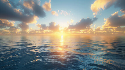 Obraz premium Sunset over calm ocean, orange sky with clouds.