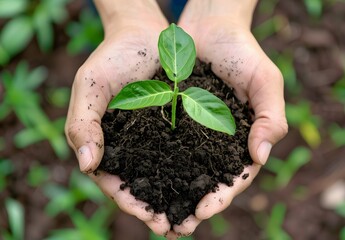 Closeup of Hands Holding Soil with Young Plant on Green Background